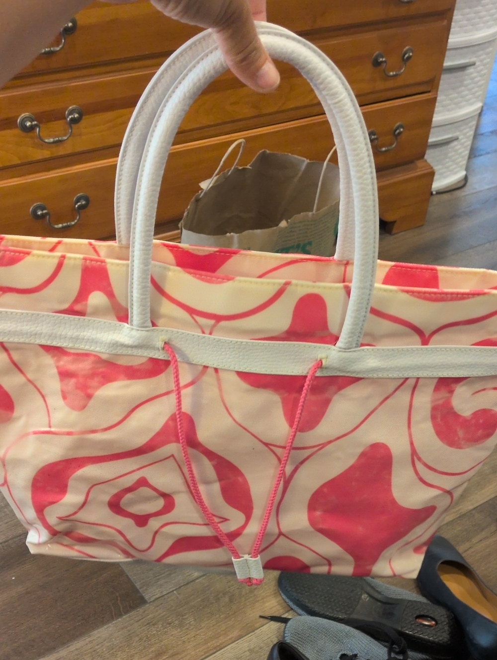 Pink Swirl Tote with White Handles by